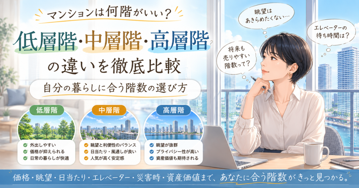 【アイキャッチ】 マンションは何階がいい?低層・中層・高層階を暮らしと価格で比較